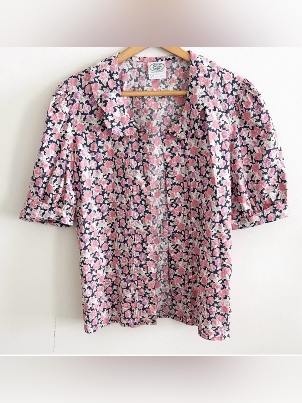 Laura Ashley Pink Navy Floral Puff Sleeve Blouse